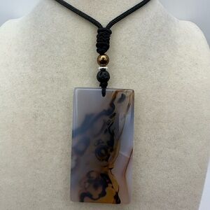 Rectangle Plume Agate Pendant Necklace Silver and Hematite on Adjustable Rope